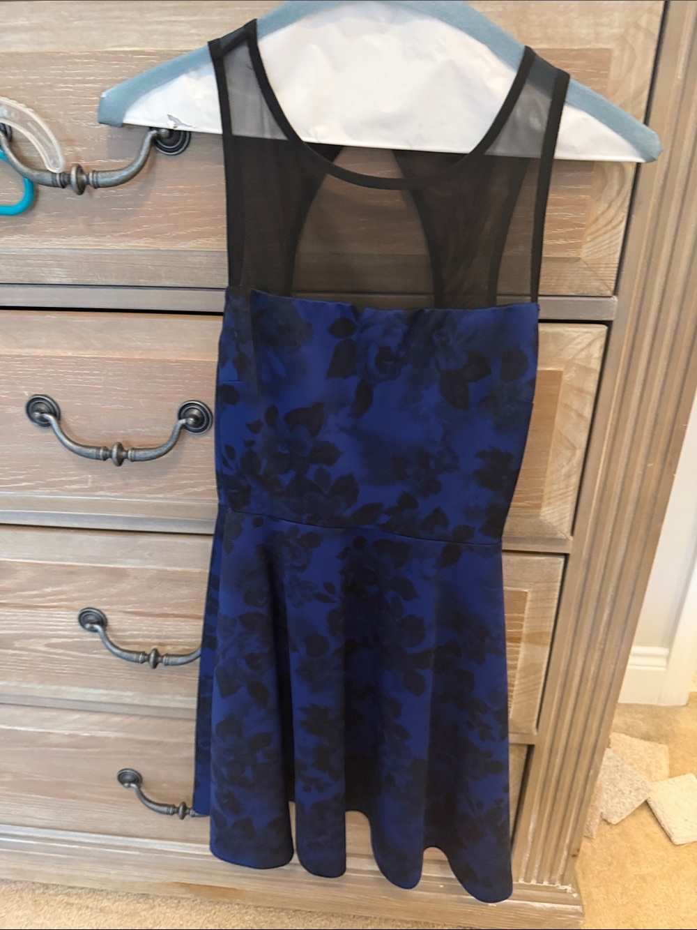 Necessary Objects Blue and Black Mesh Top Fit-and-Flare Dress